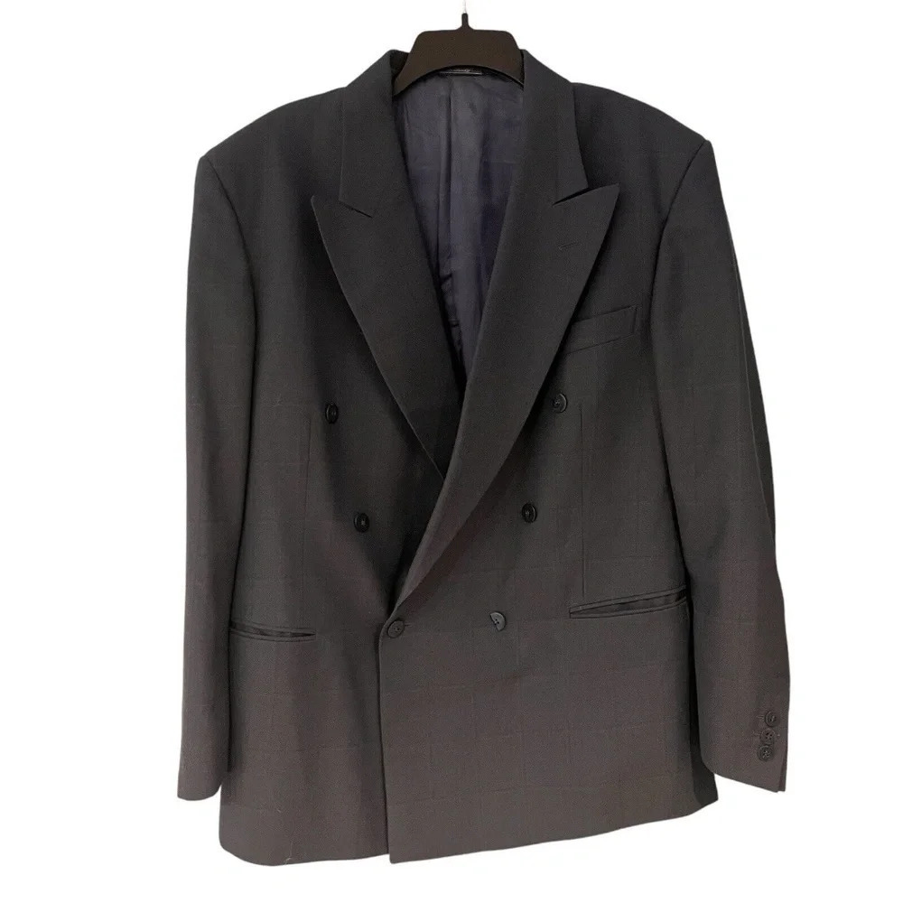 Georgio Sappini Italy Blue Windowpane Double Breasted Blazer 48 L RARE